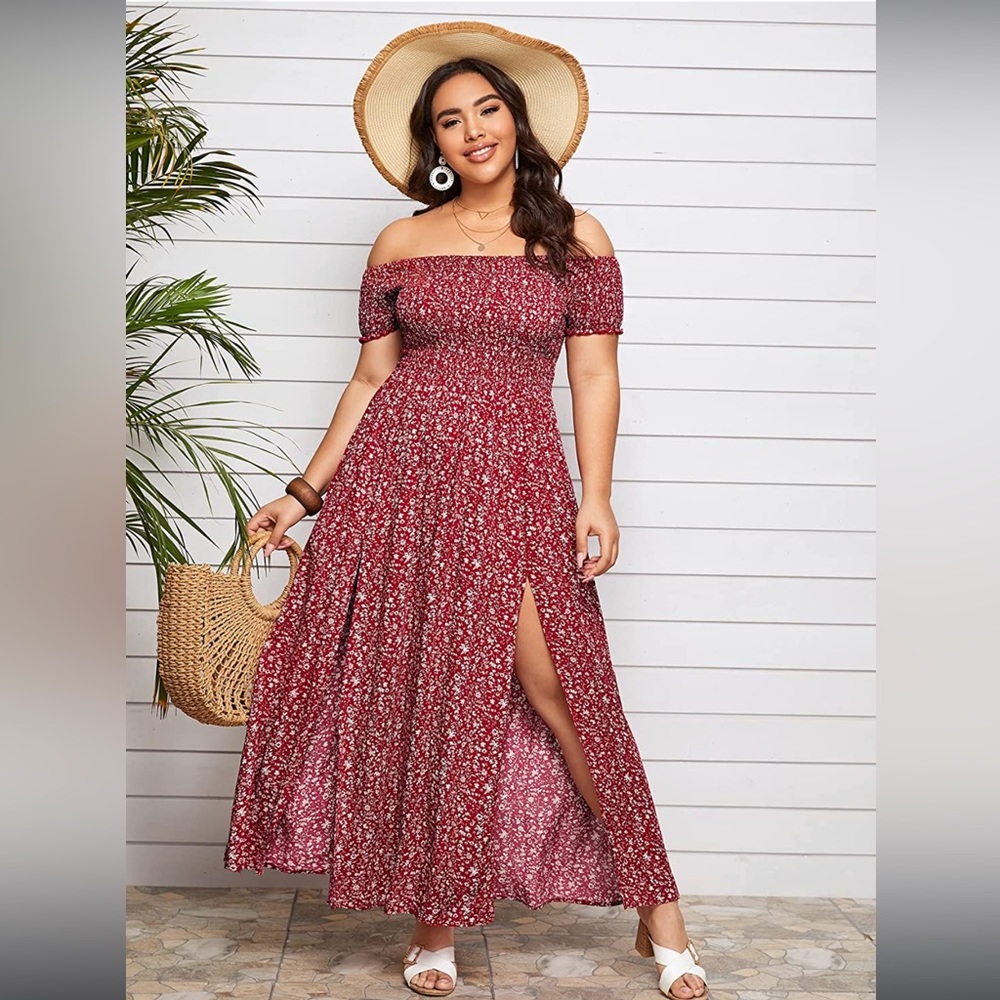 Boho floral print a line dress with slits